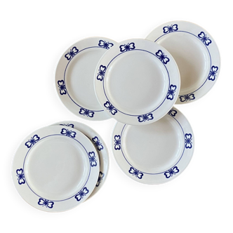 Lot de 6 assiettes à dessert porcelaine blanche et bleue papillons