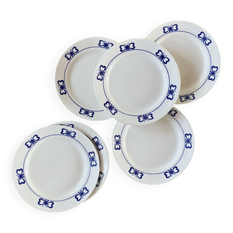 Set of 6 white and blue porcelain dessert plates with butterflies