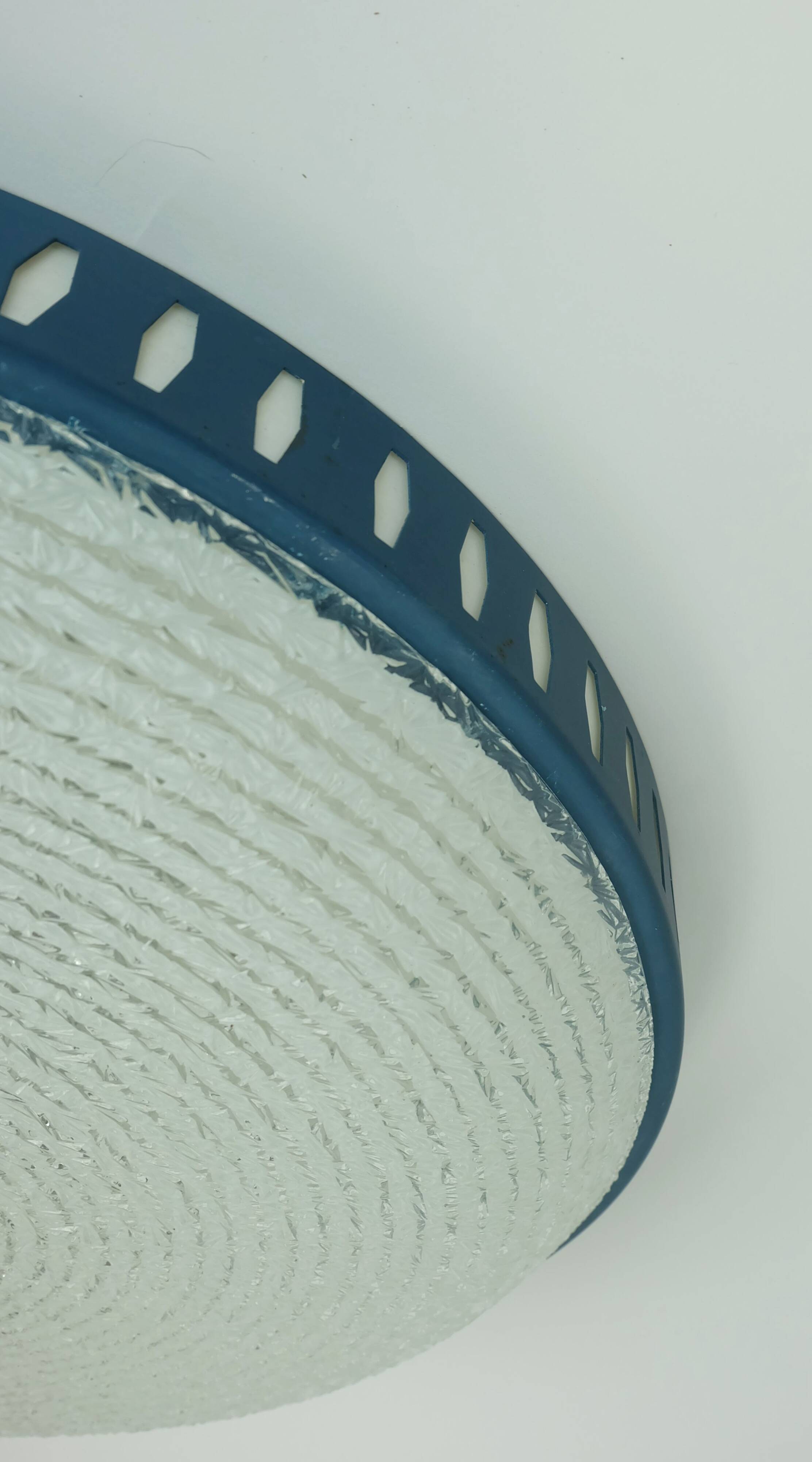 Rare large ceiling light by hillebrand 1960s textured glass blue metal fram