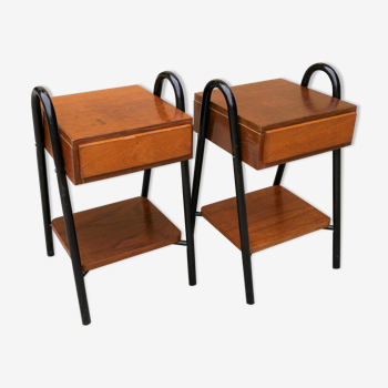 Paire de tables de chevet vintage modernistes bois et métal