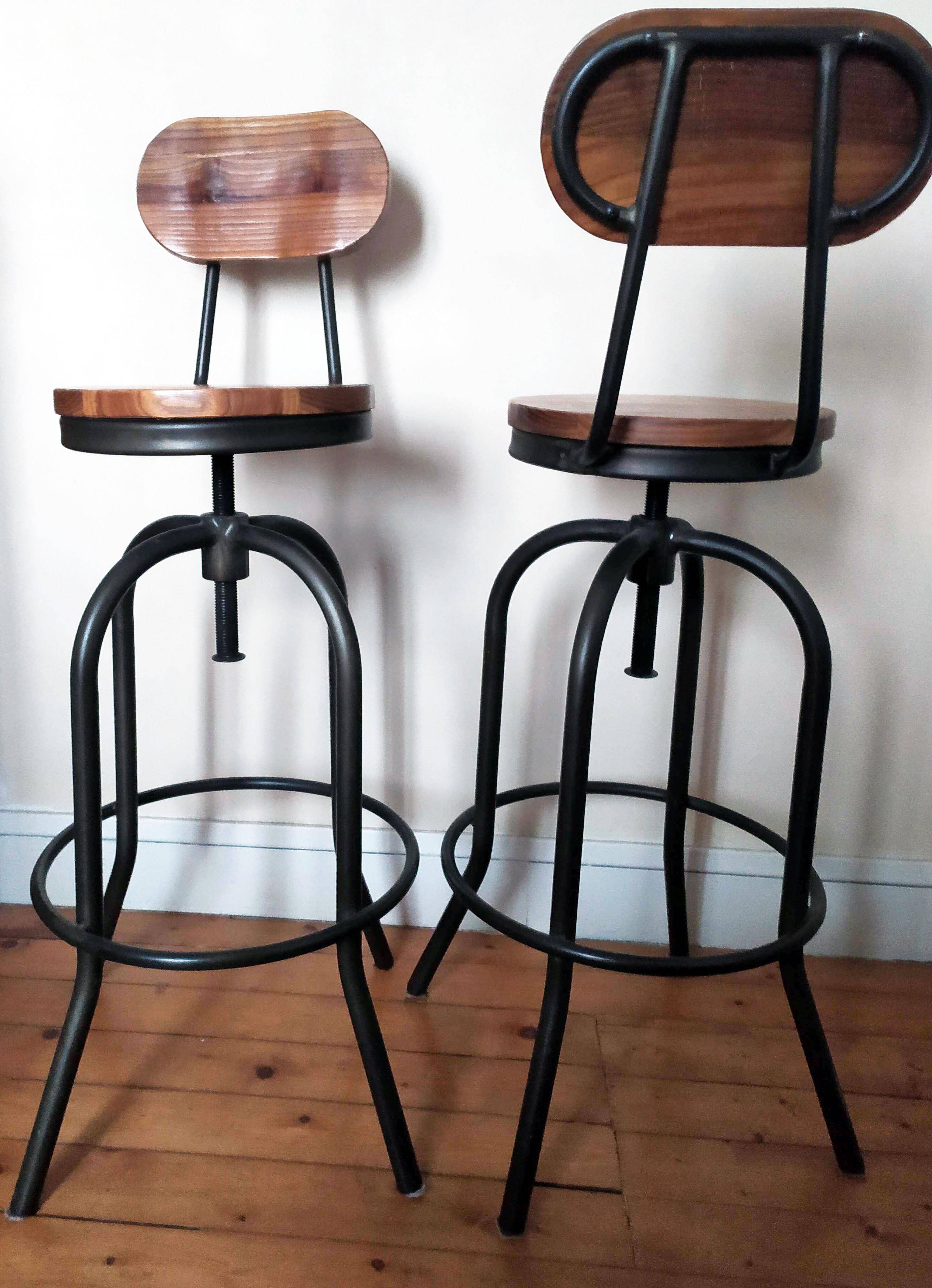 Set of two bar stools in wood and metal, industrial style.