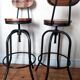 Set of two bar stools in wood and metal, industrial style.