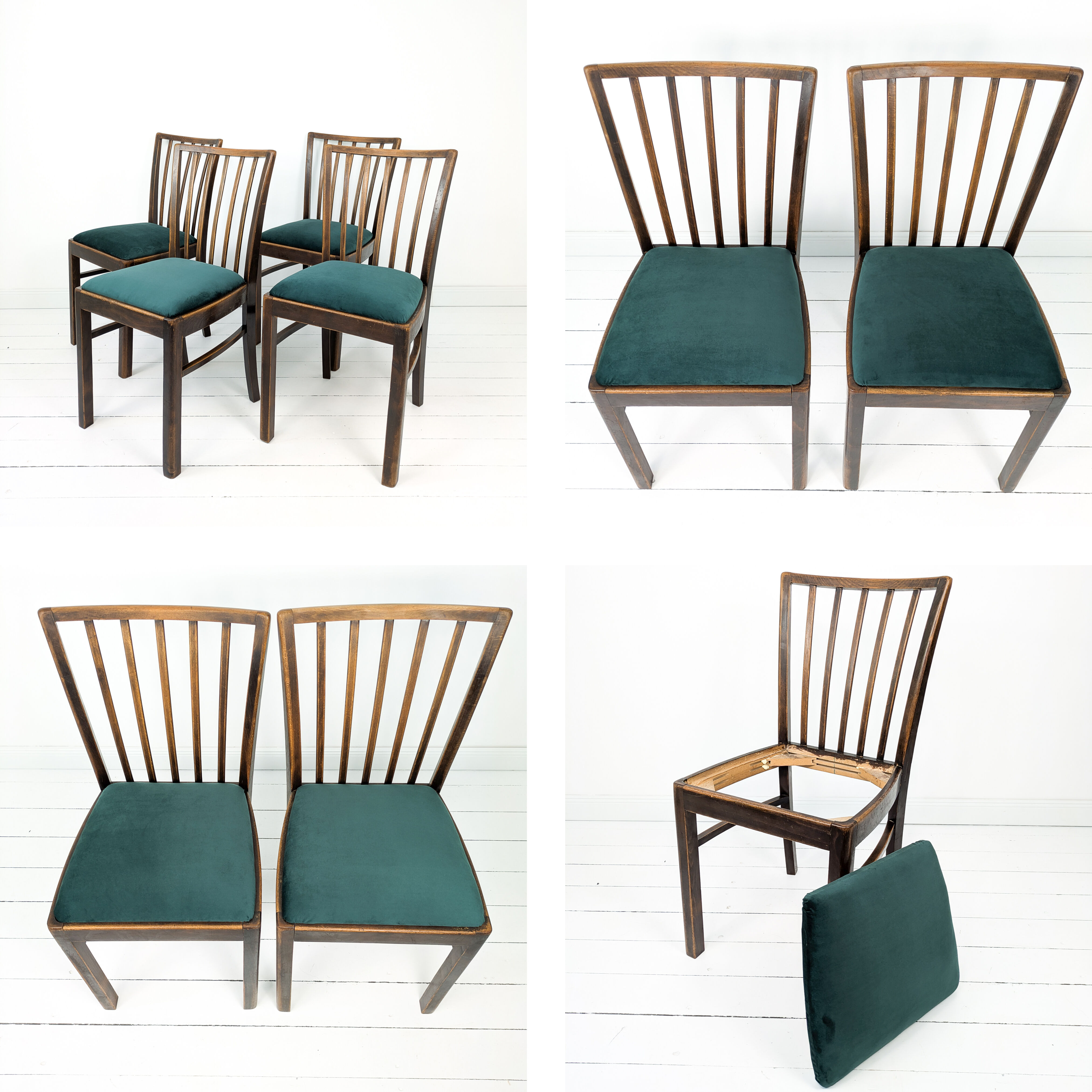 Lot de 4 chaises vintage bois brun, assise verte, style années 50