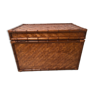 Coffre malle rectangulaire style bambou en rotin années 60-70