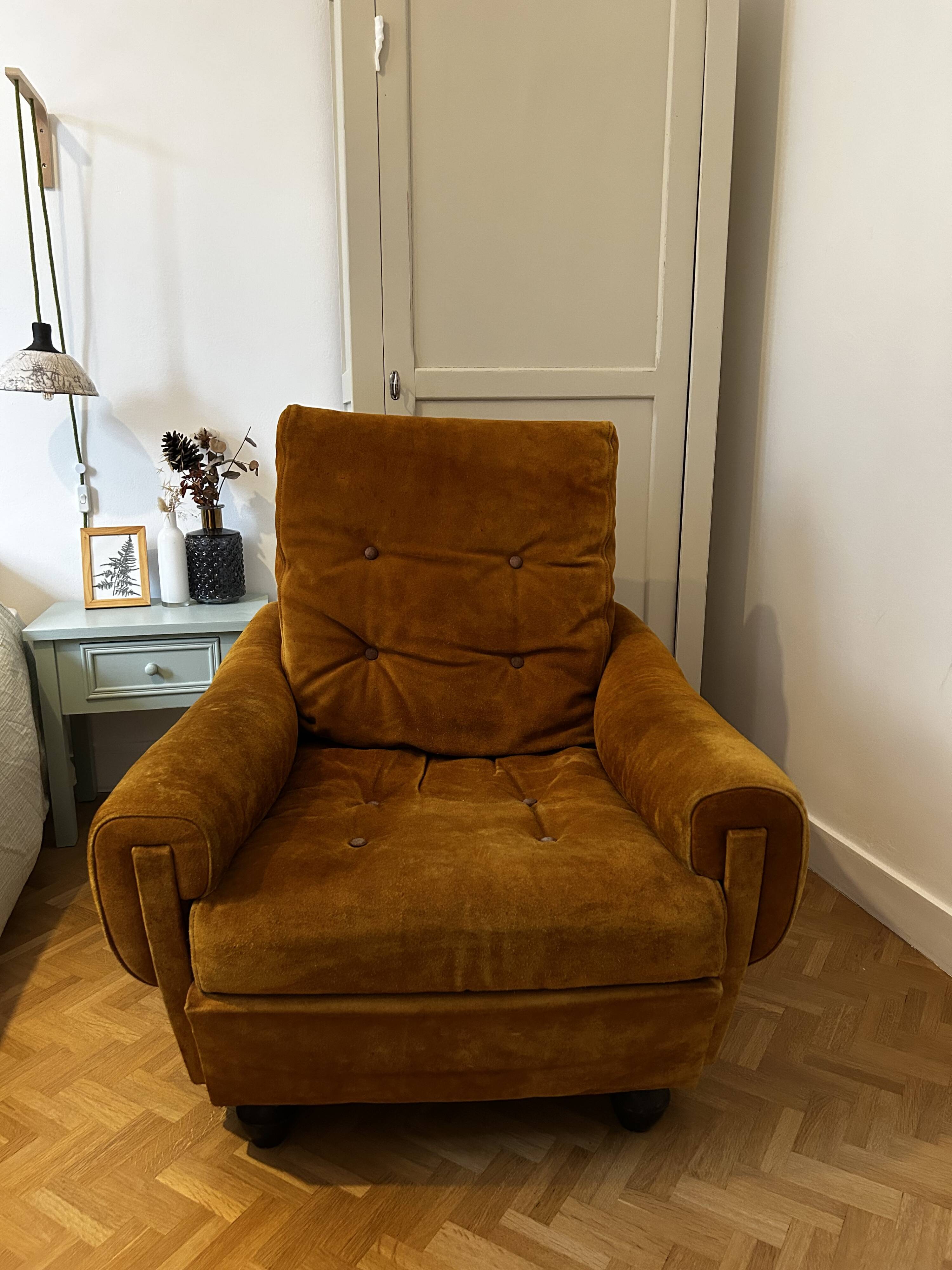 1970s yellow suede armchair