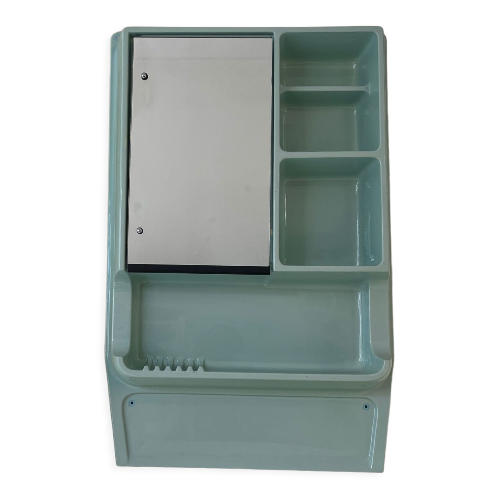 Baby blue plastic mirror and wash station