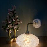 Elbow wall light, vintage glass lampshade from Clichy in pink.