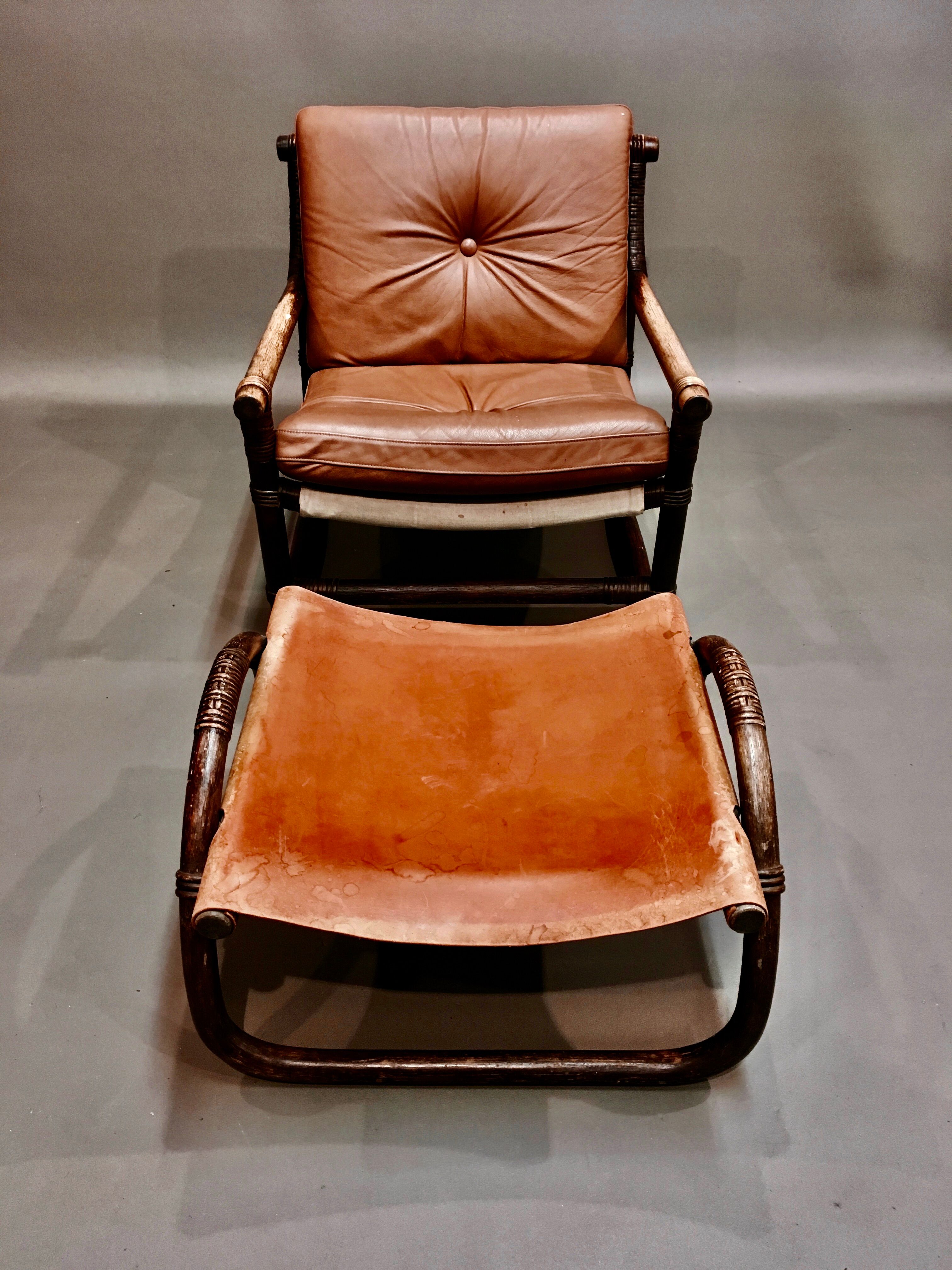 Fauteuil et son ottoman rotin et cuir 1950