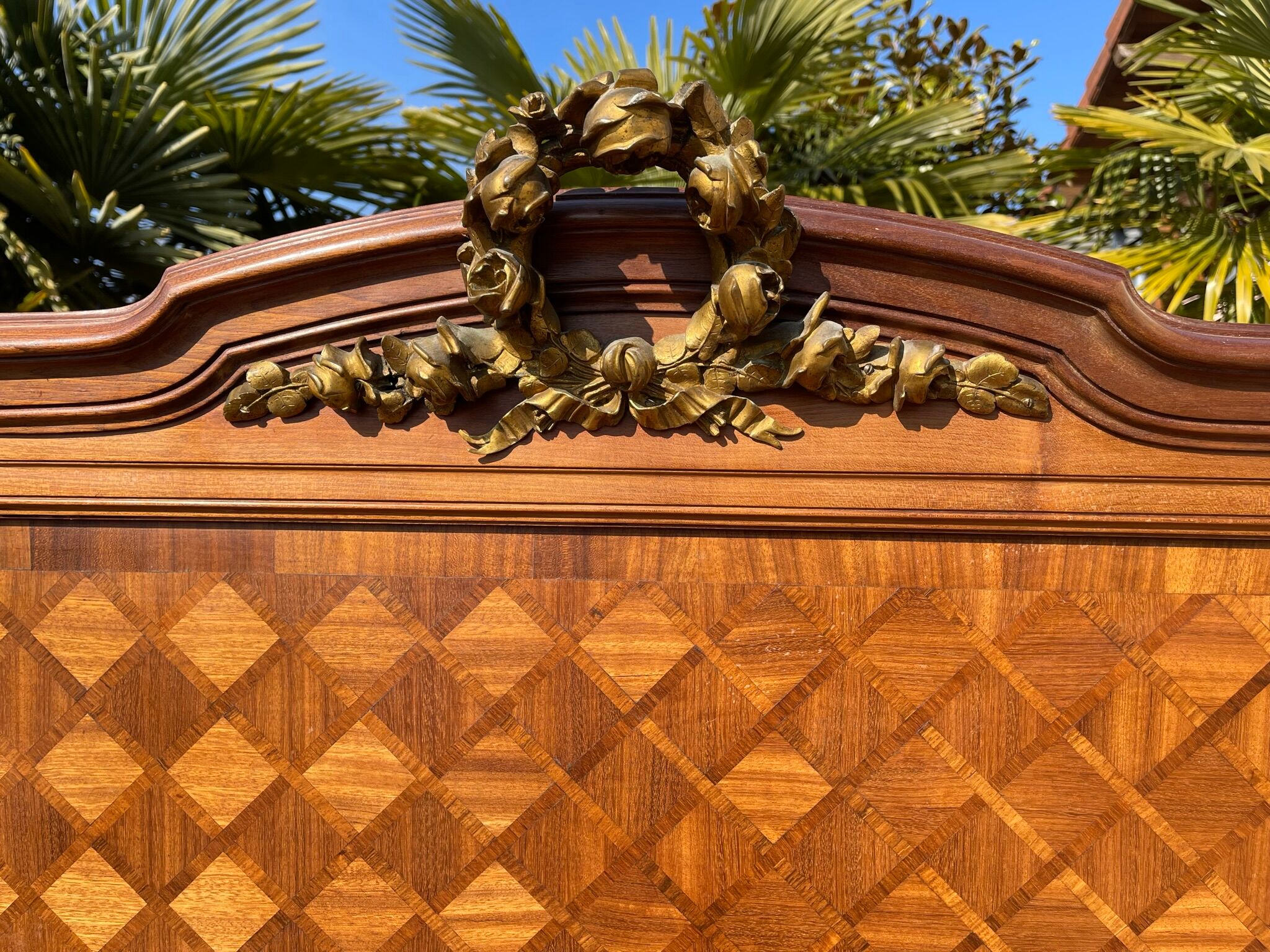 Louis XVI style marquetry & bronze bed and bedside table