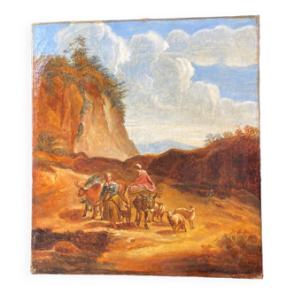 Tableau huile sur toile XVIIIe aux jeunes paysannes