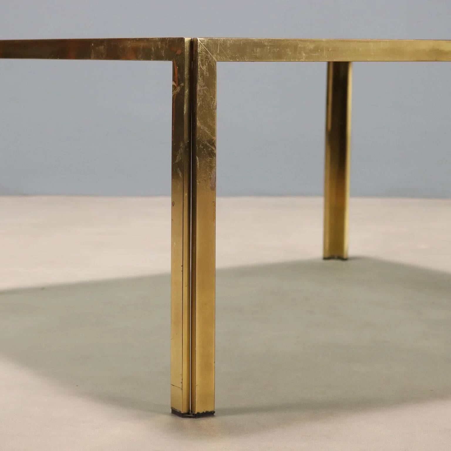 Vintage coffee table in brass and smoked glass, 1970s design.