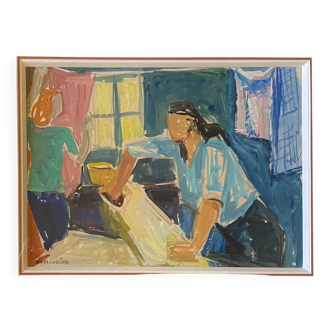 Watercolor Painting MOURIER Marguerite (1910-1987) "the ironer" + frame