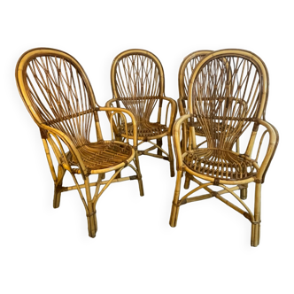 Set de 4 fauteuils en rotin des années 60 Italien