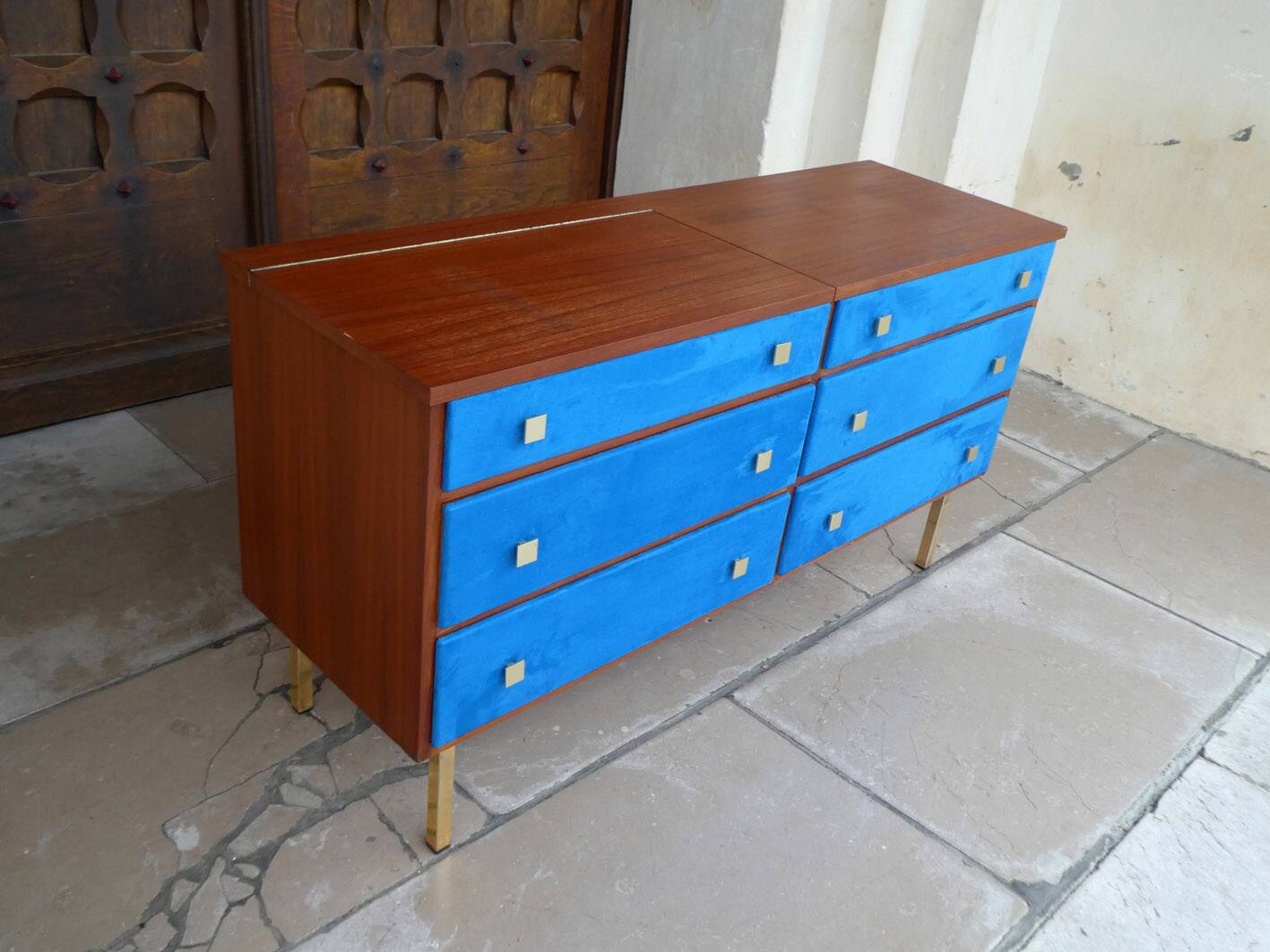 Teak and suede chest of drawers/dressing table, 1950