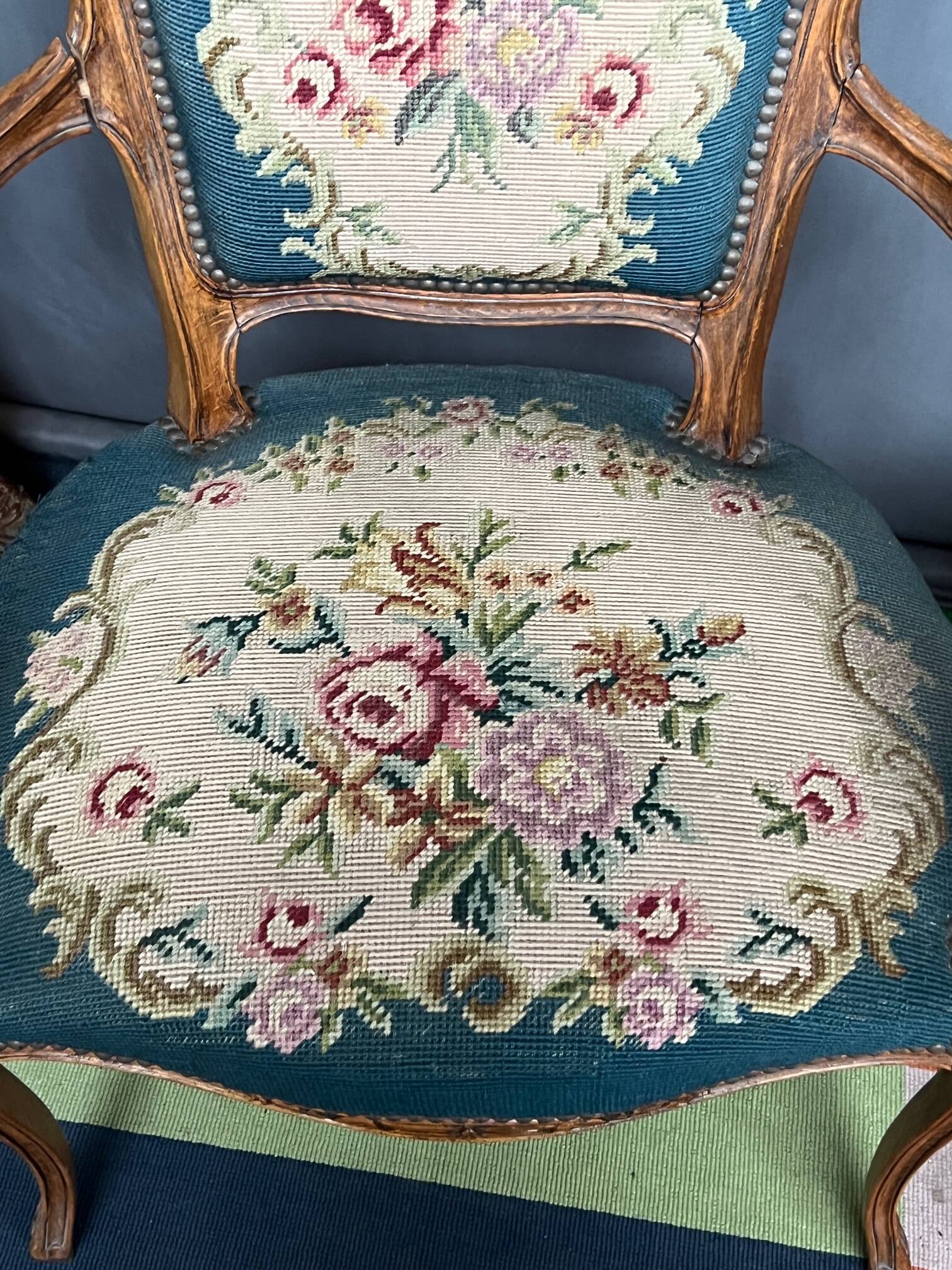 Pair of hand-embroidered armchairs. Walnut.