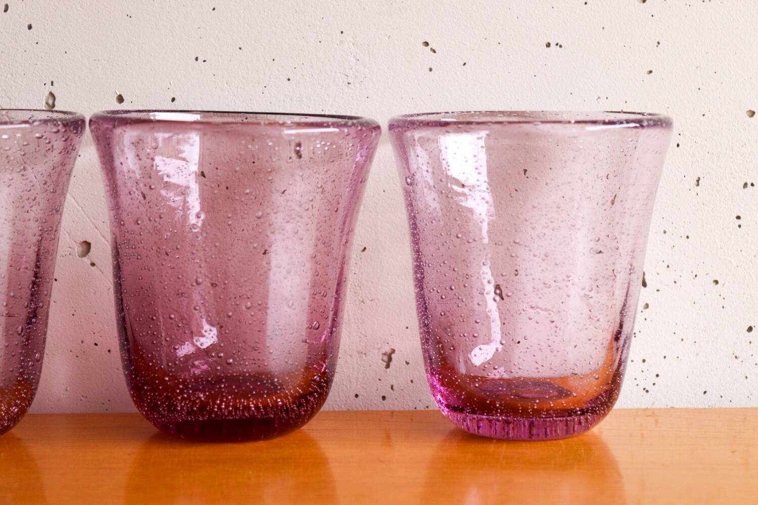 6 purple Biot bubble blown water glasses