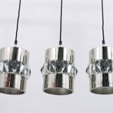 Three Bakalowits pendant lamps in nickel, brass, and faceted crystal, Austria, 1950s.