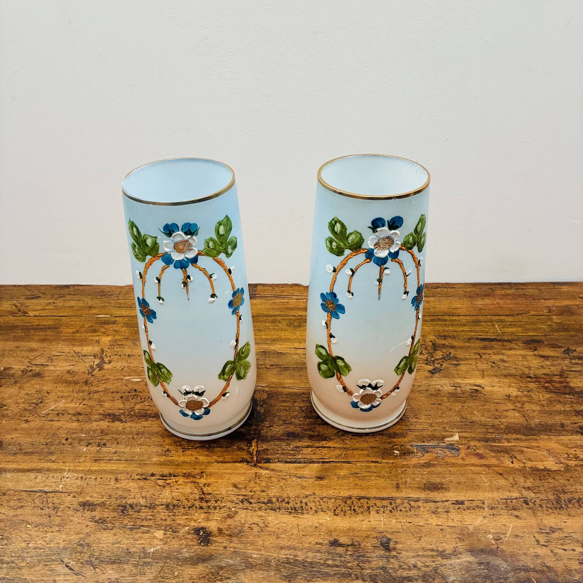 Rare pair of antique hand-painted opaline glass vases – Napoleon 3