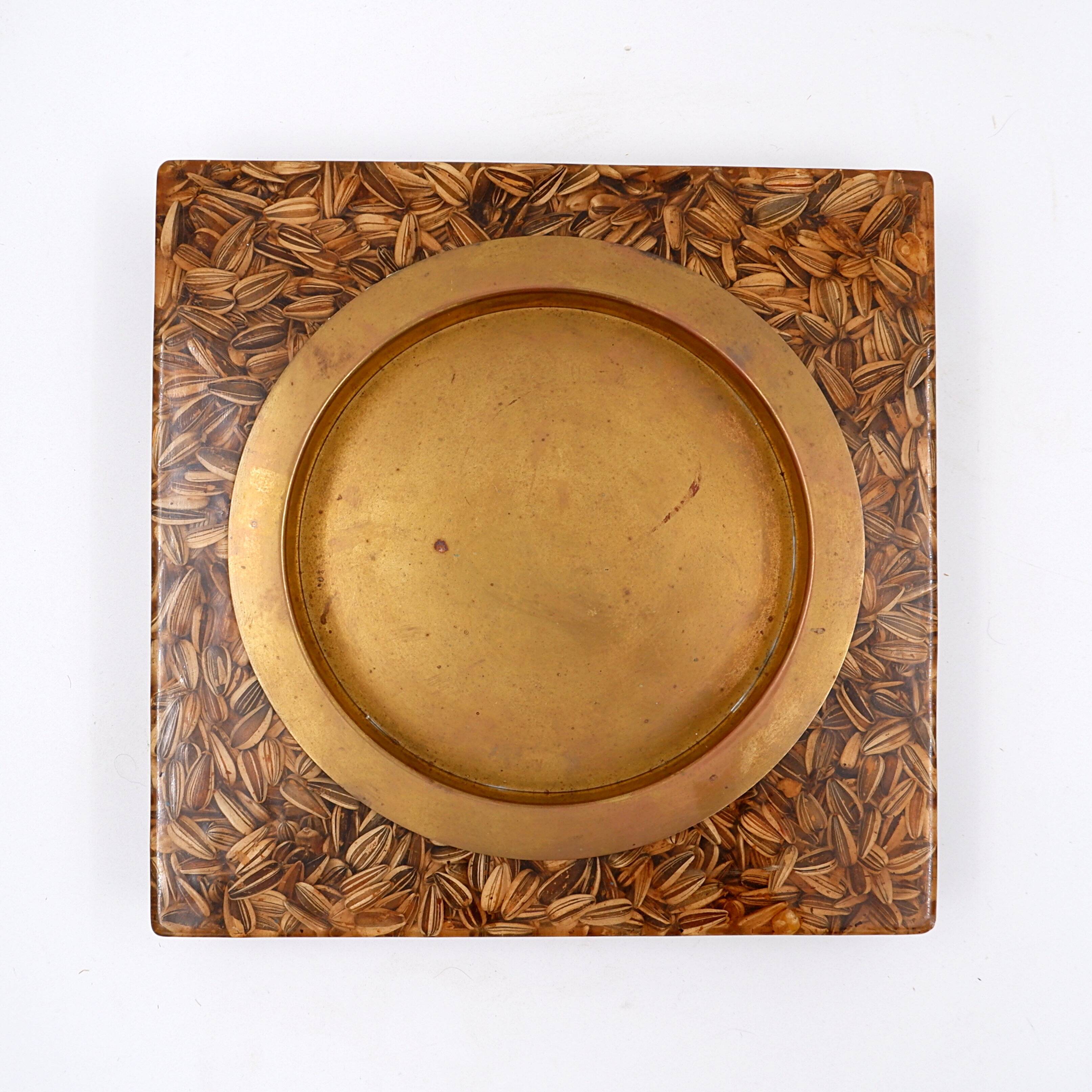 Large square brass and epoxy trinket tray with seed inclusions