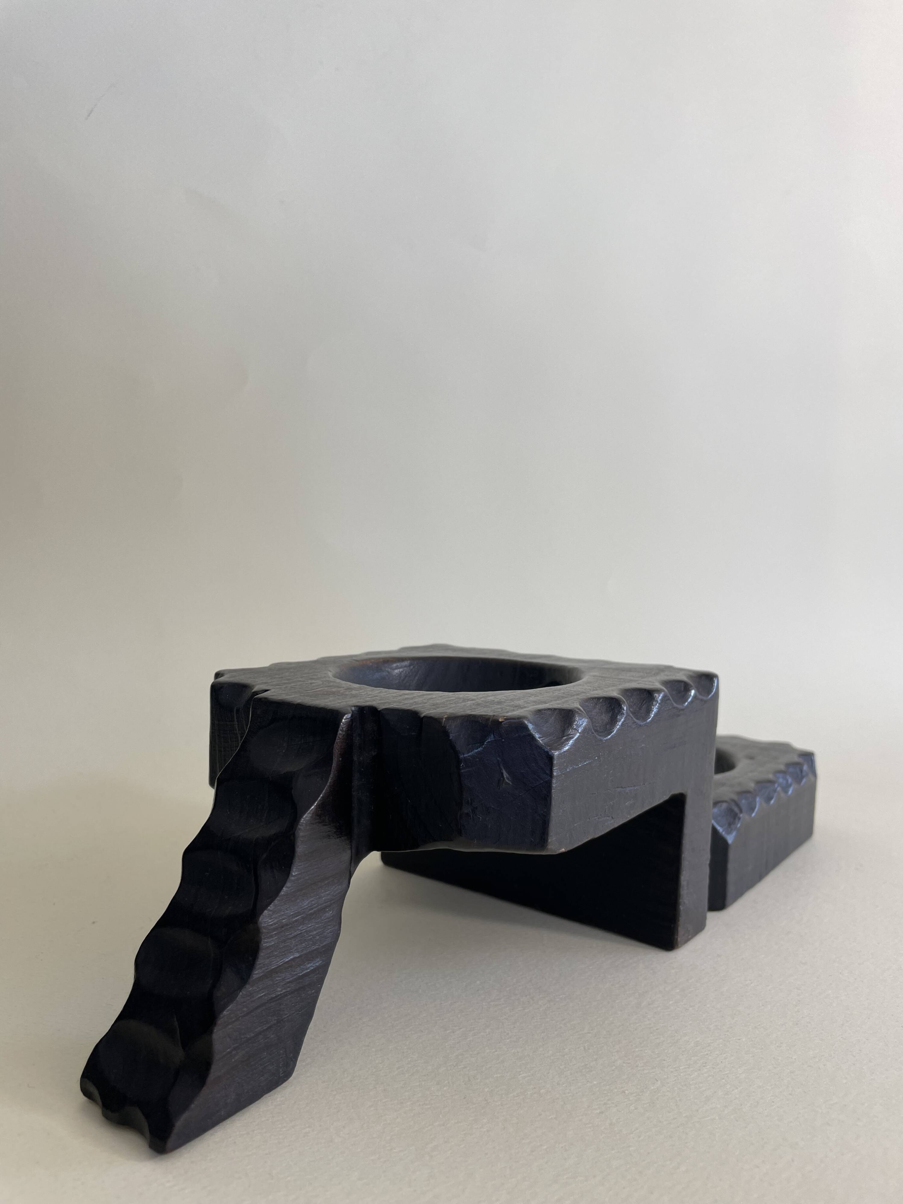 Brutalist Carved Wood Candle Holder