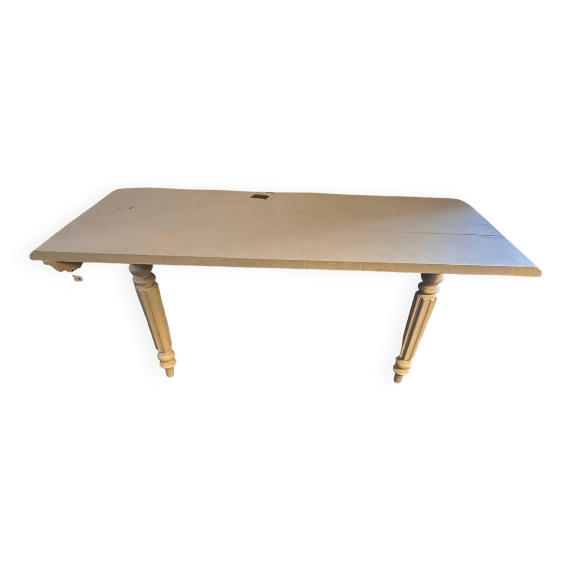 Vintage console in weathered white wood – Chic country style, tapered legs.