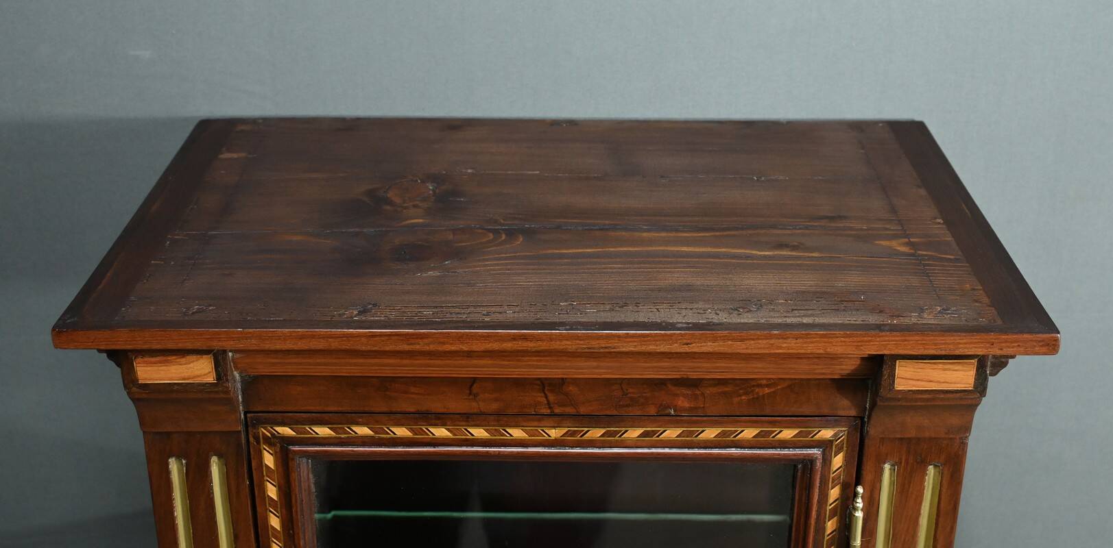 Rare small marquetry display cabinet, louis xvi style – mid 19th century