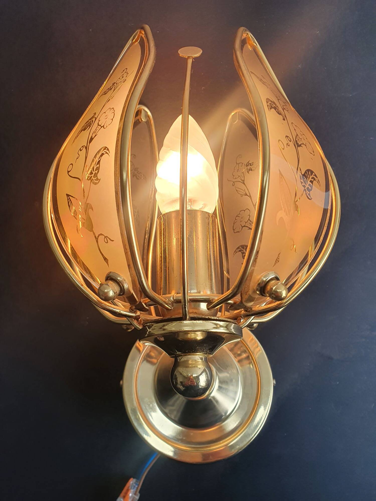 Pair of vintage brass wall sconces with glass shades