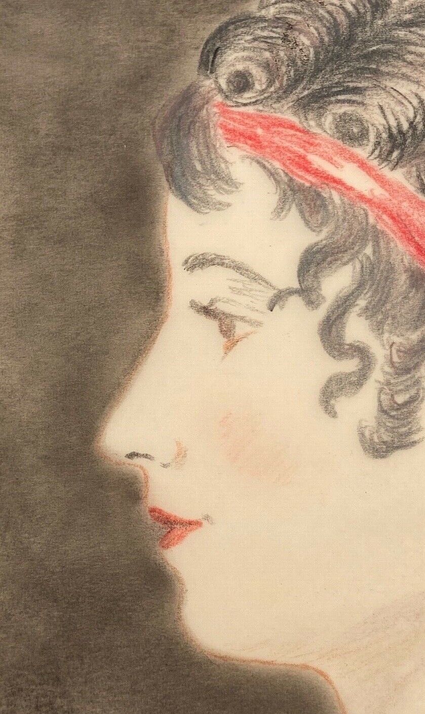 Aquarelle sur papier calque portrait femme travail debut xxe cadre dore