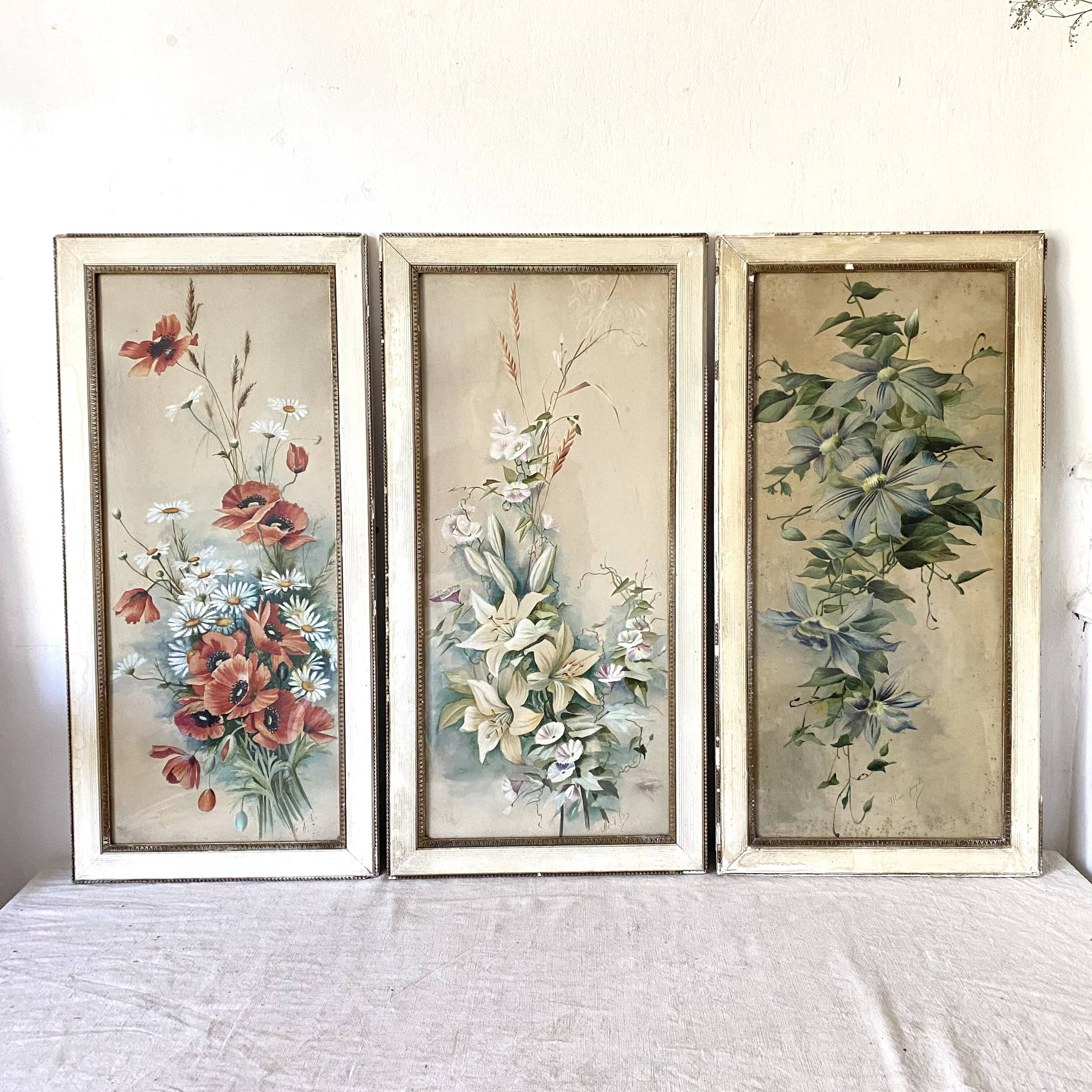 Triptych of old watercolors, flowers, 19th century
