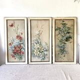 Triptych of old watercolors, flowers, 19th century