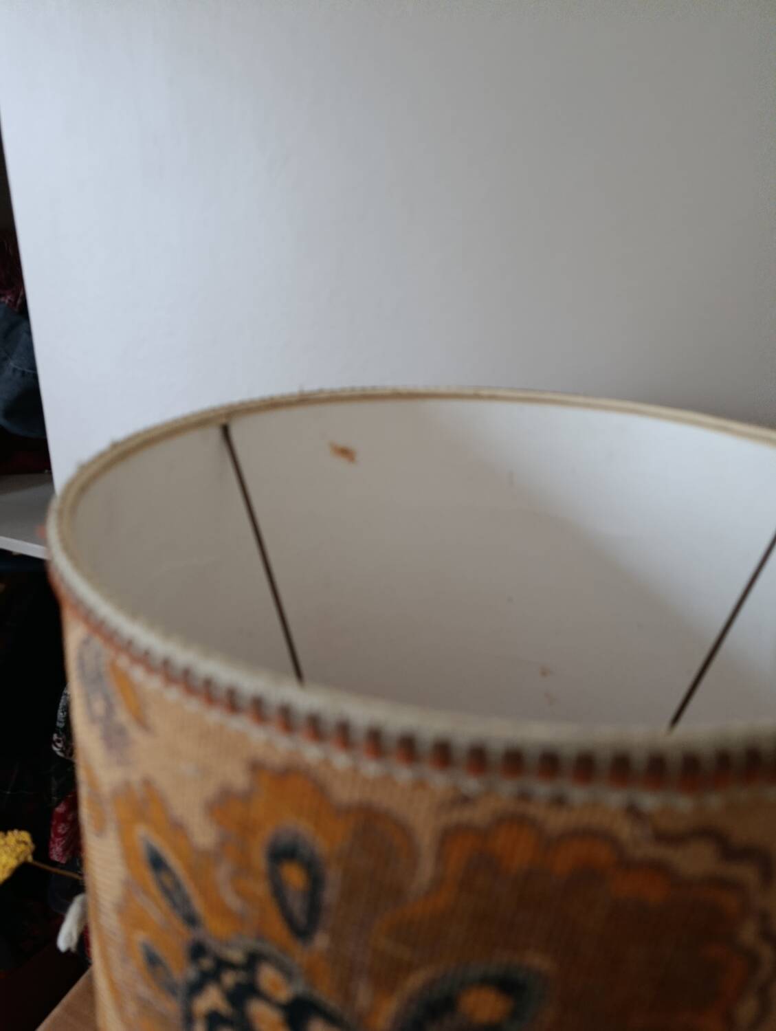 turned wooden lamp with a jute floral shade, authentic sixties