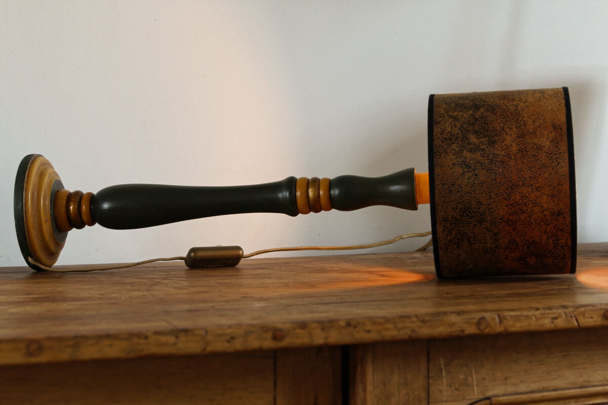 Turned wooden lamp, green and gold