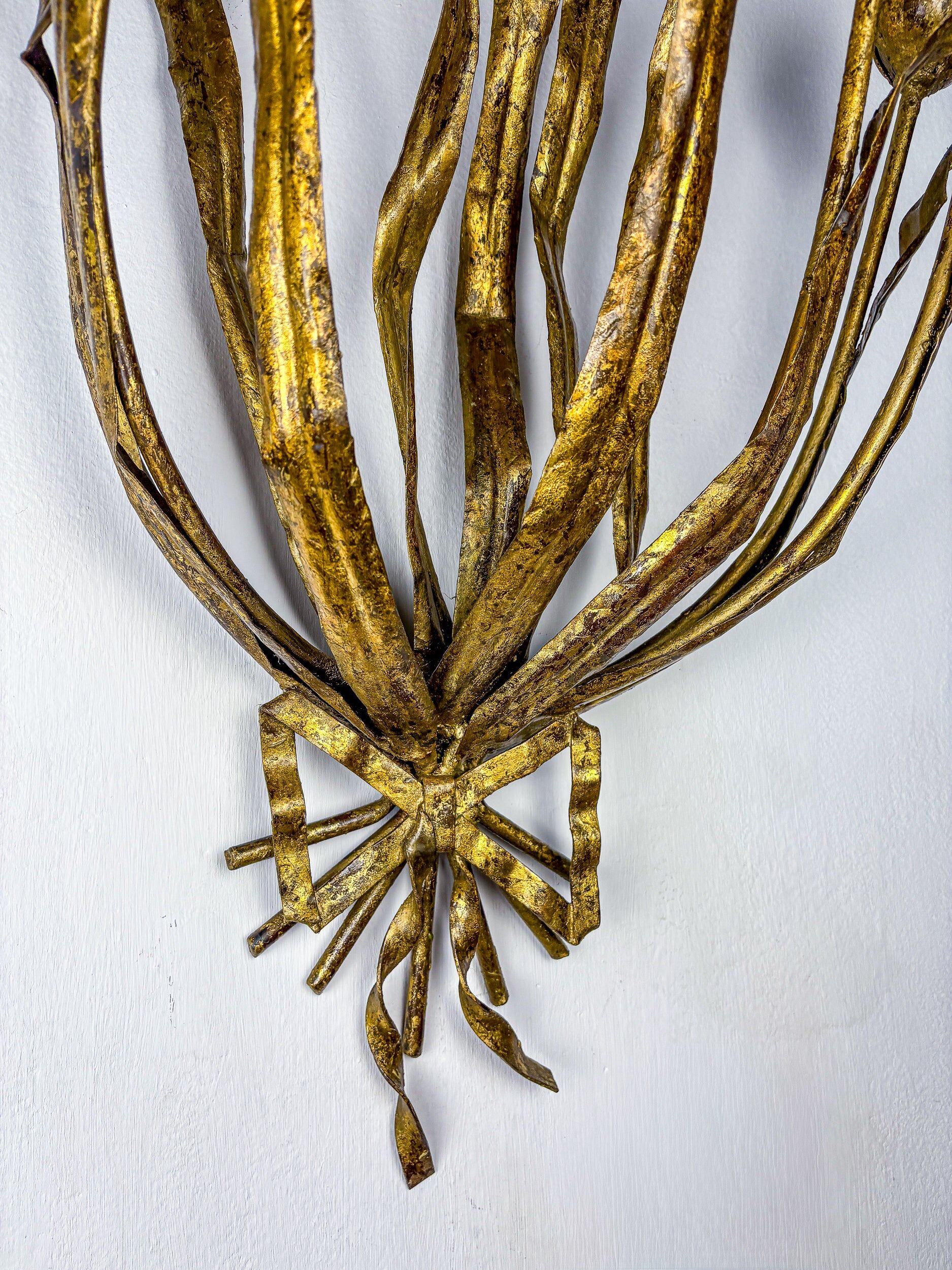 Monumental pair of gilt metal "tulip bouquet" wall sconces, 7 lights, Italy 1950s
