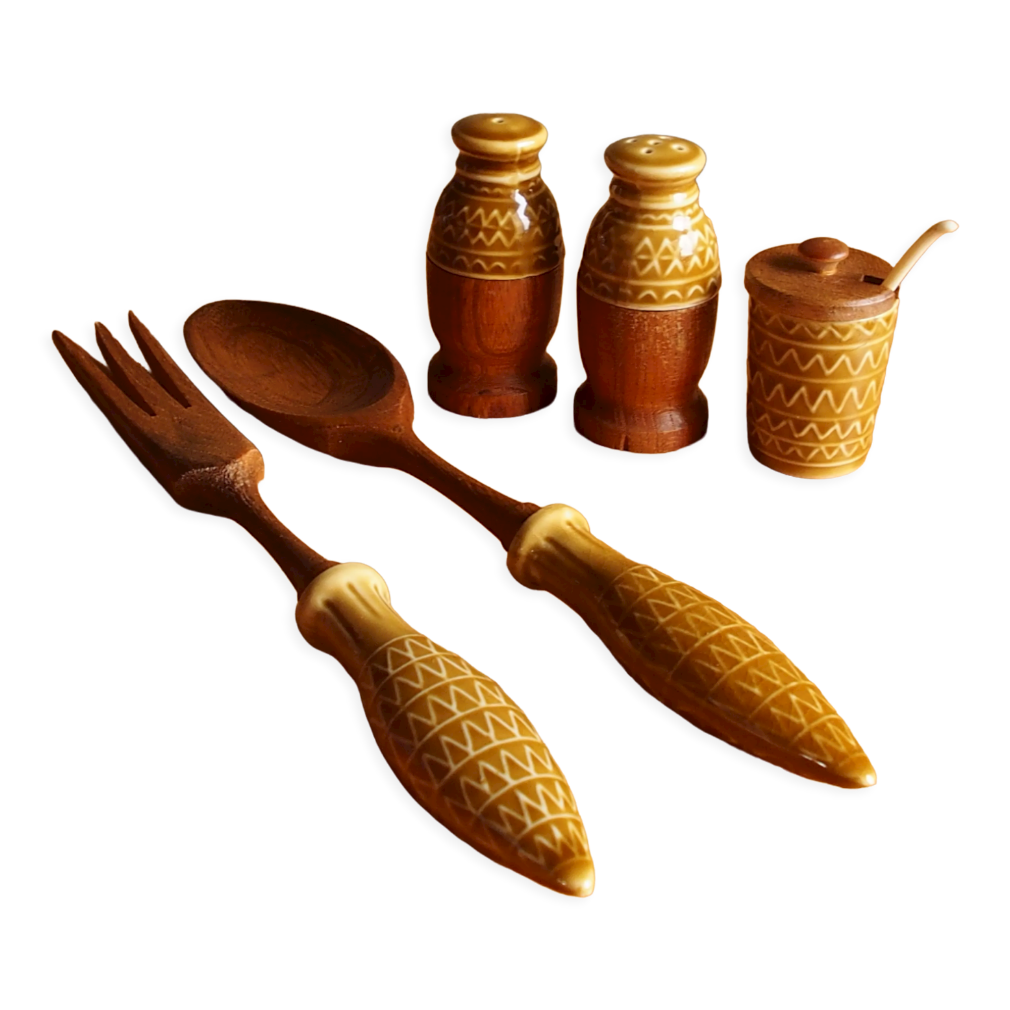 Vintage salt shaker, pepper, mustard and salad cutlery set