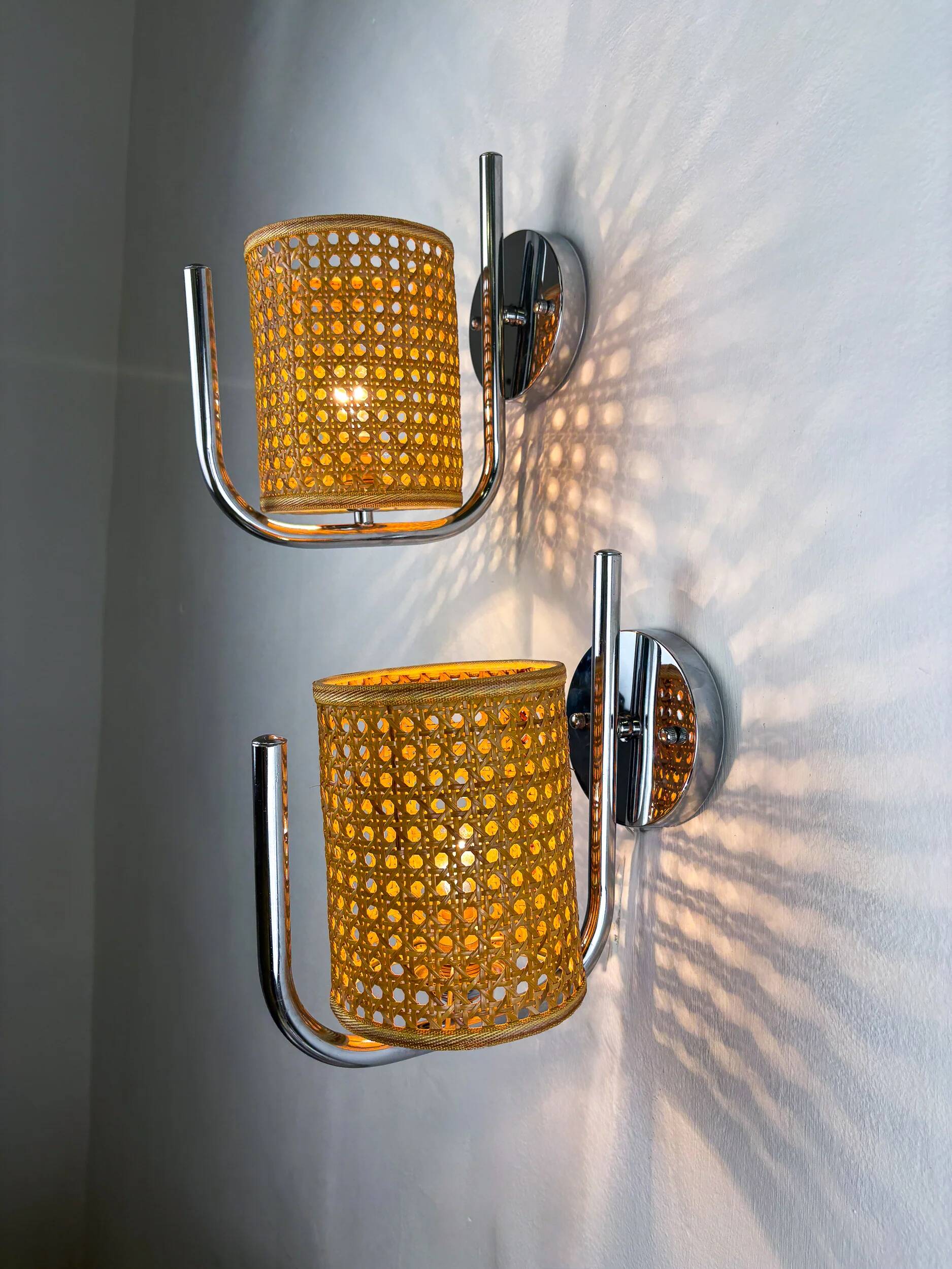 Pair of vintage rattan & chrome wall lights, Italy, 1970s
