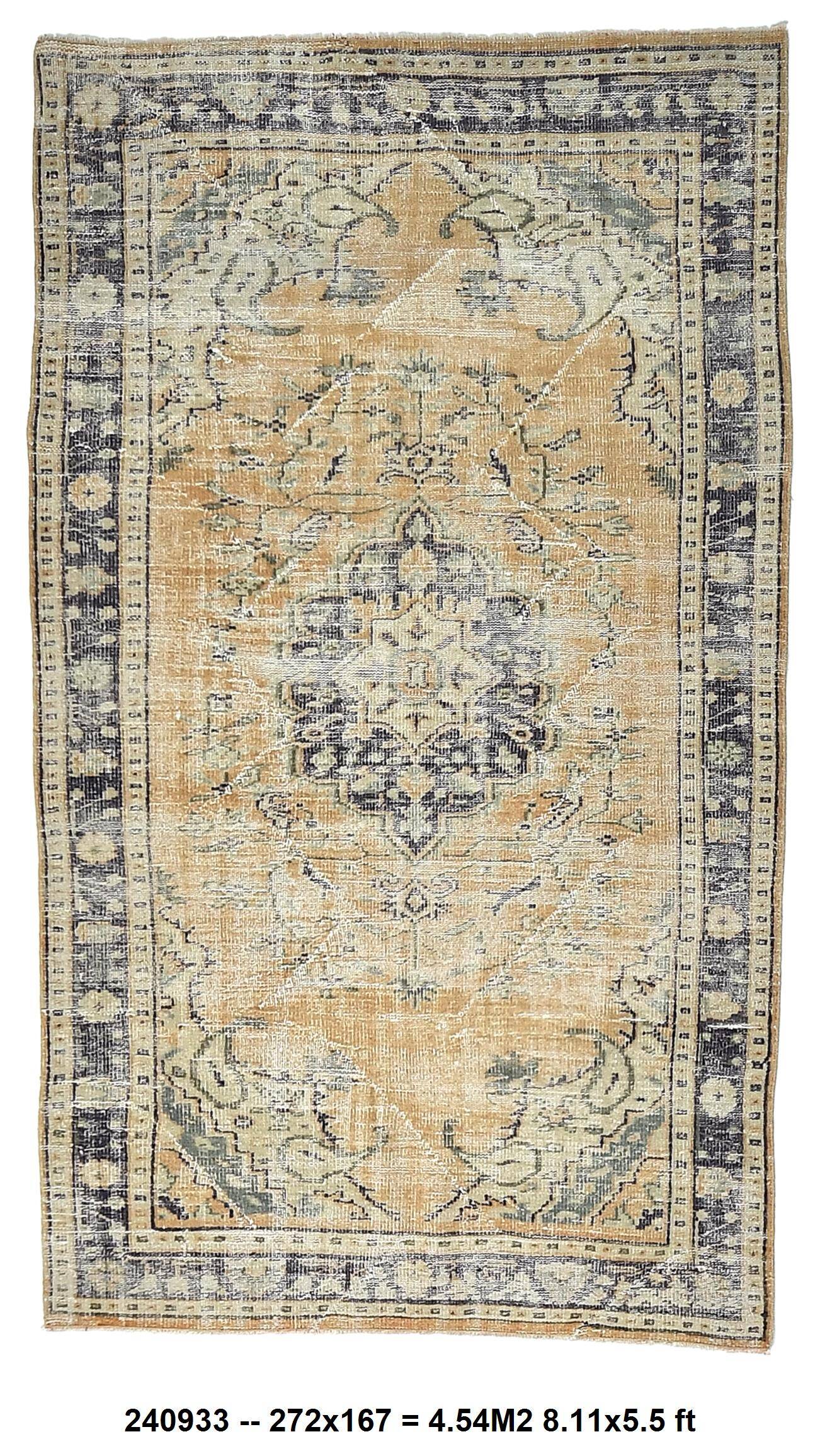 Tapis vintage en laine 270 x 165 cm, beige bleu, tapis turc vintage en laine
