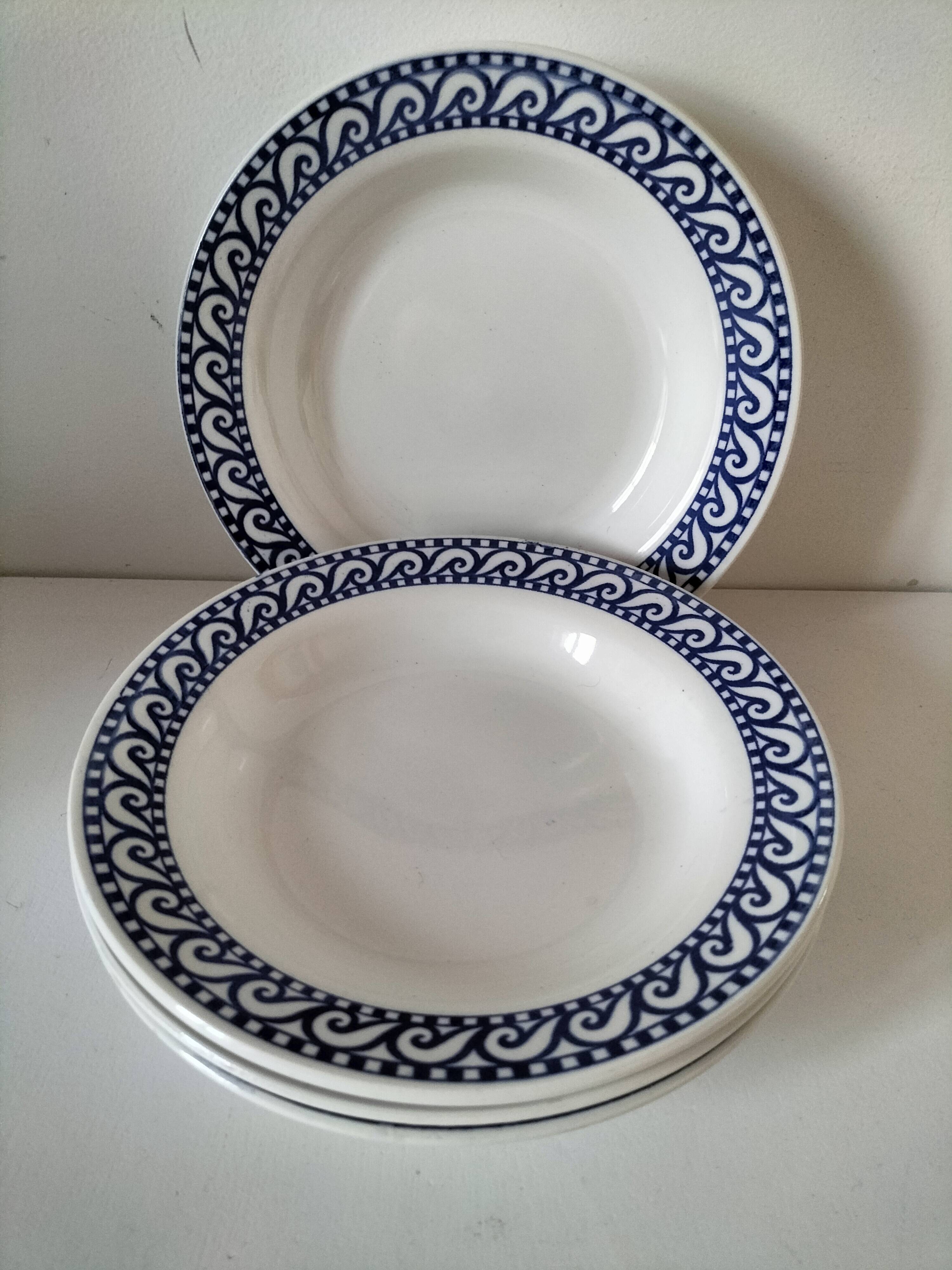 Set of 4 vintage navy blue soup plates
