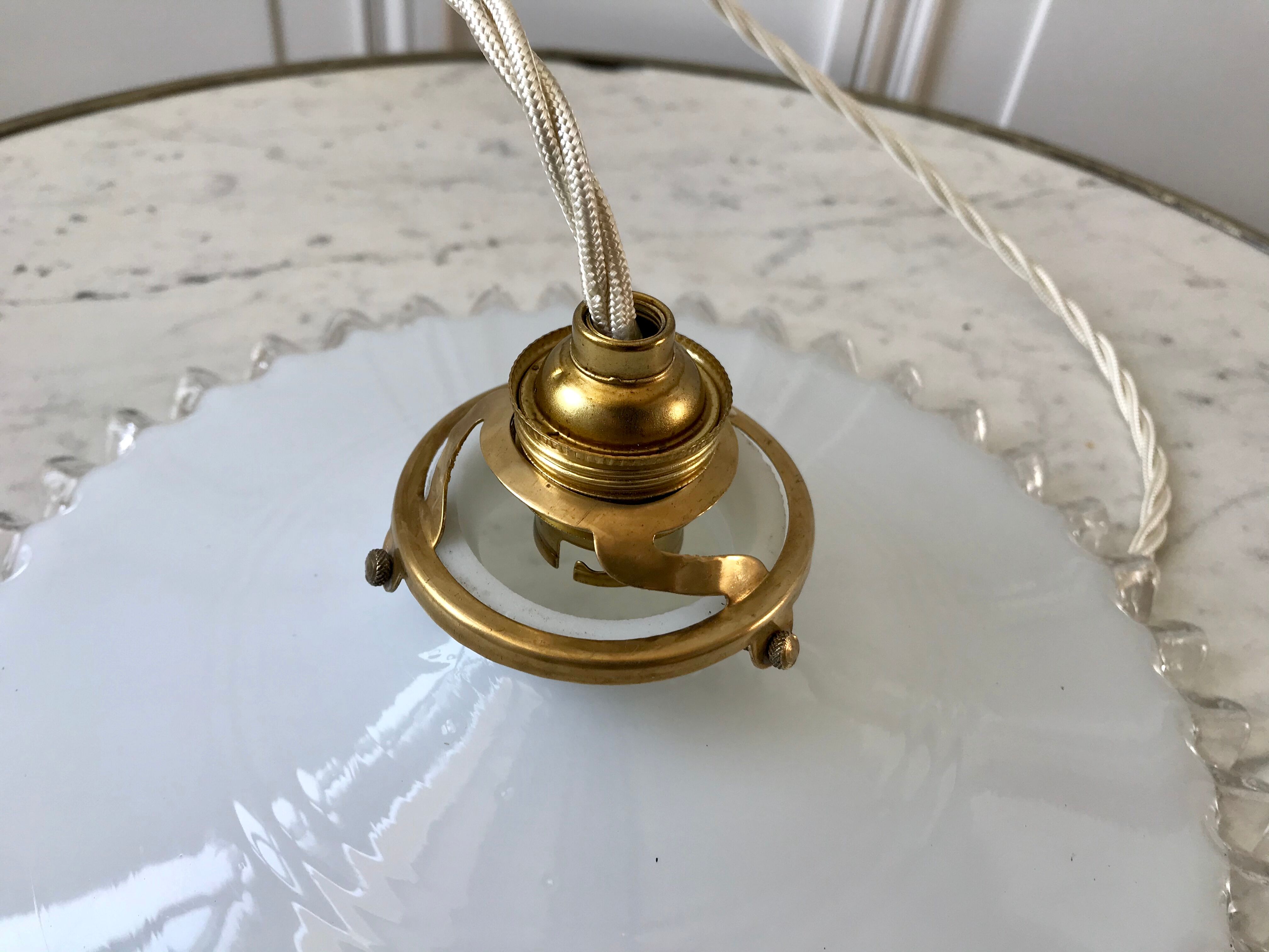 Vintage 50s serrated opaline pendant lamp