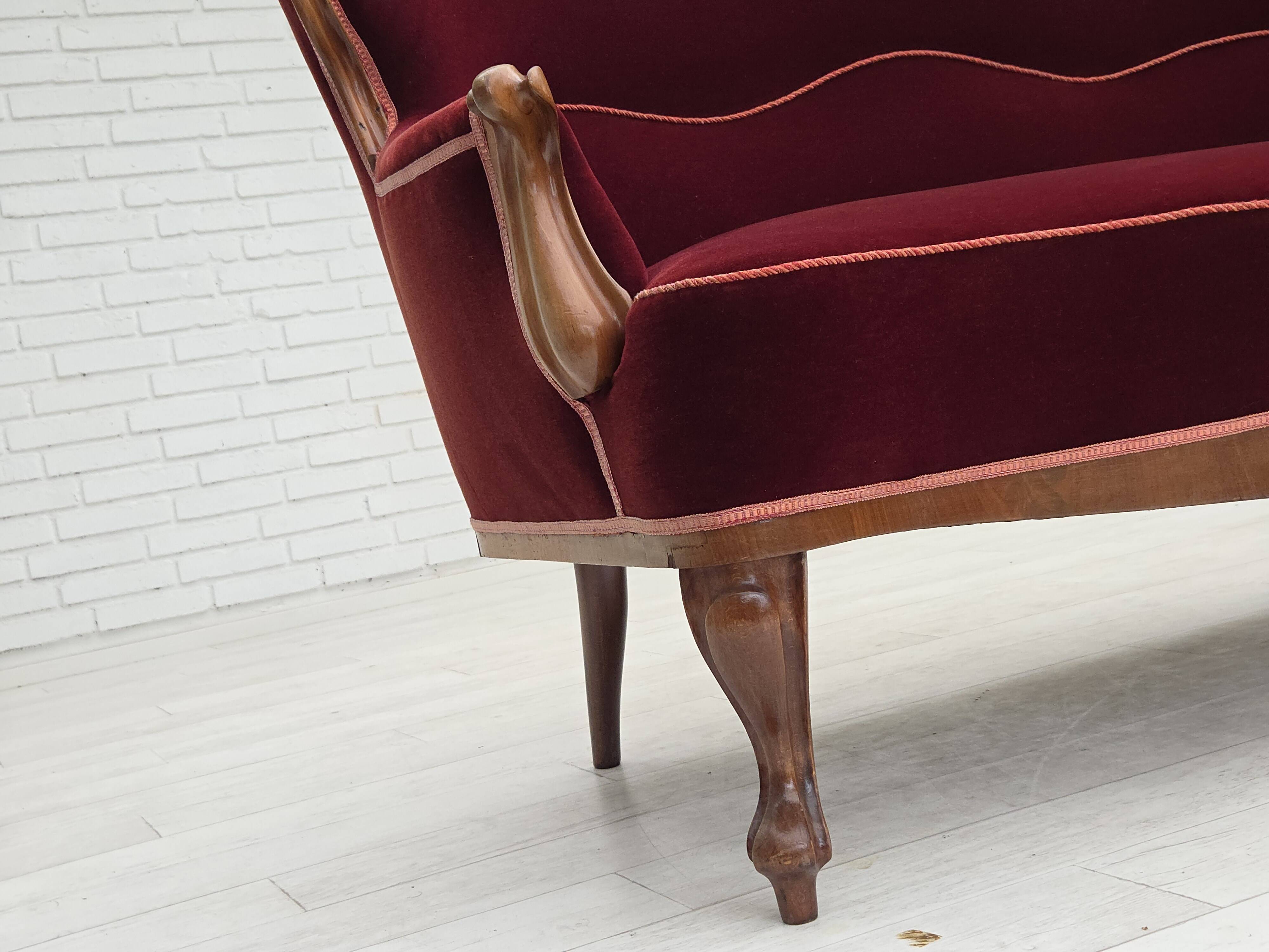 1930s, Danish 2-seater sofa, furniture velour, ash wood, reupholstered.