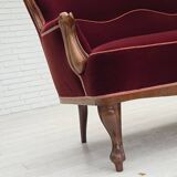 Canapé danois 2 places des années 1930, velours d'ameublement, bois de frêne, retapissé.