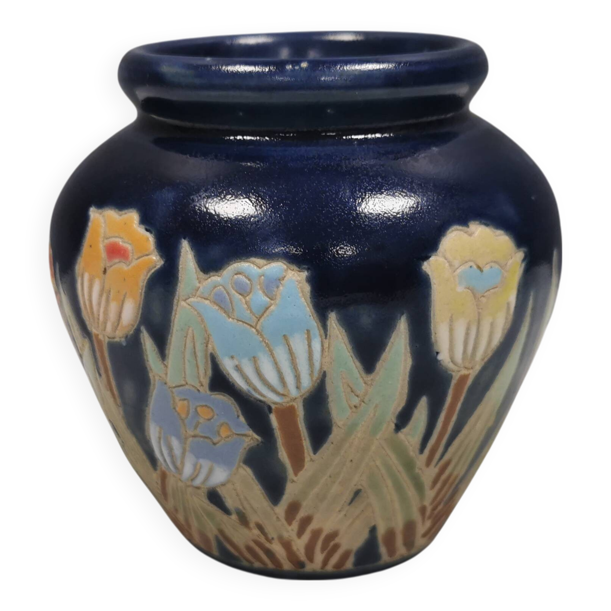 Small delicious blue ceramic vase with floral decoration. Sweden 1970s