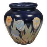 Small delicious blue ceramic vase with floral decoration. Sweden 1970s