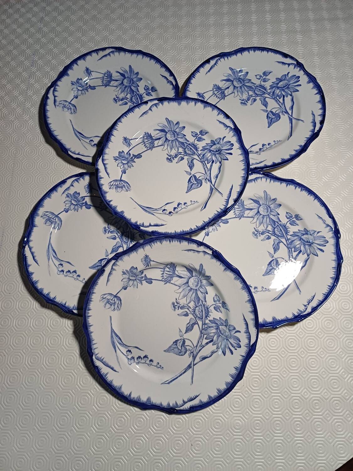6 flat plates with floral decoration, T. de fer.