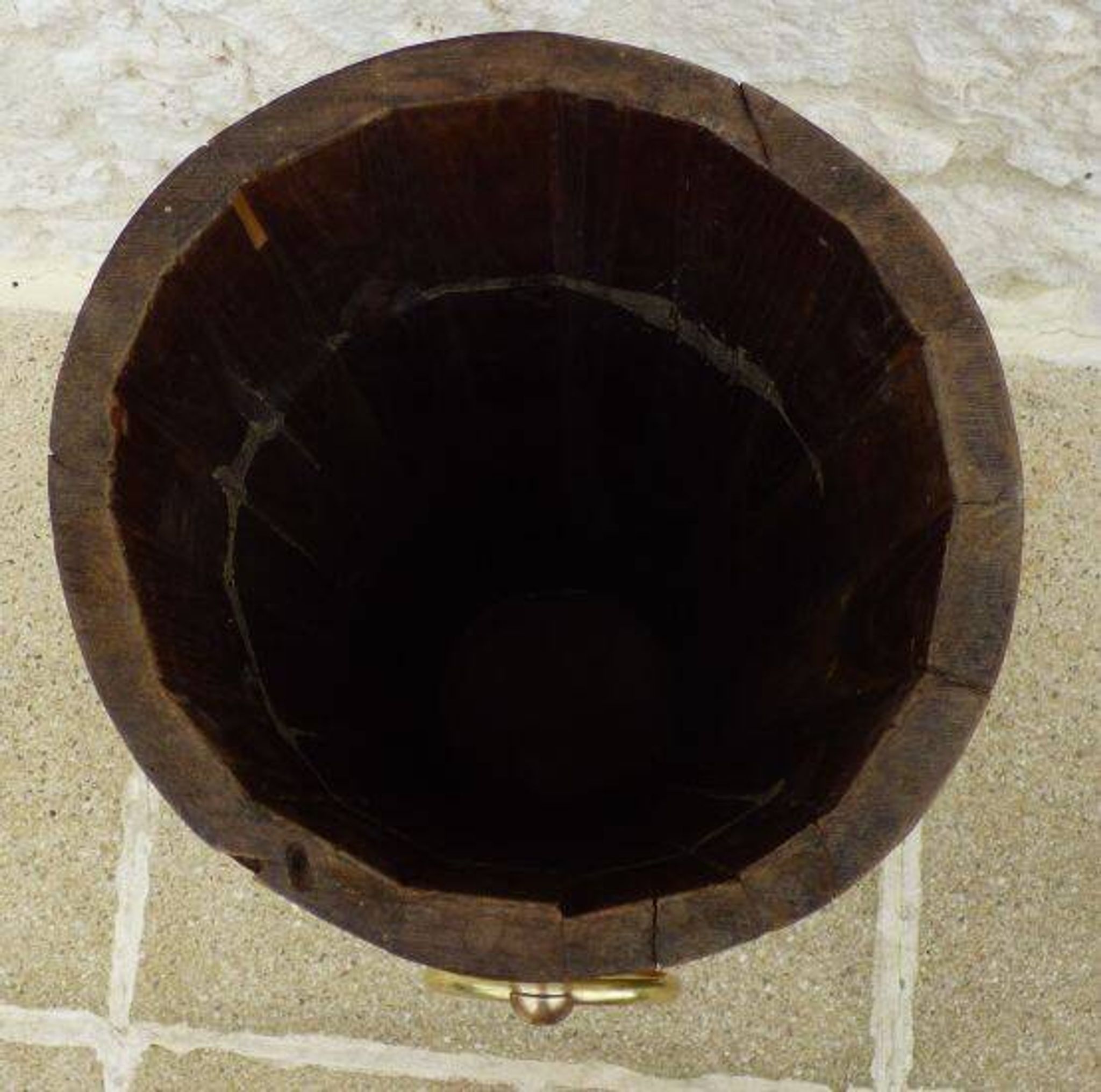 Victorian style barrel umbrella stand, solid oak, curved with 3 bands and gr.