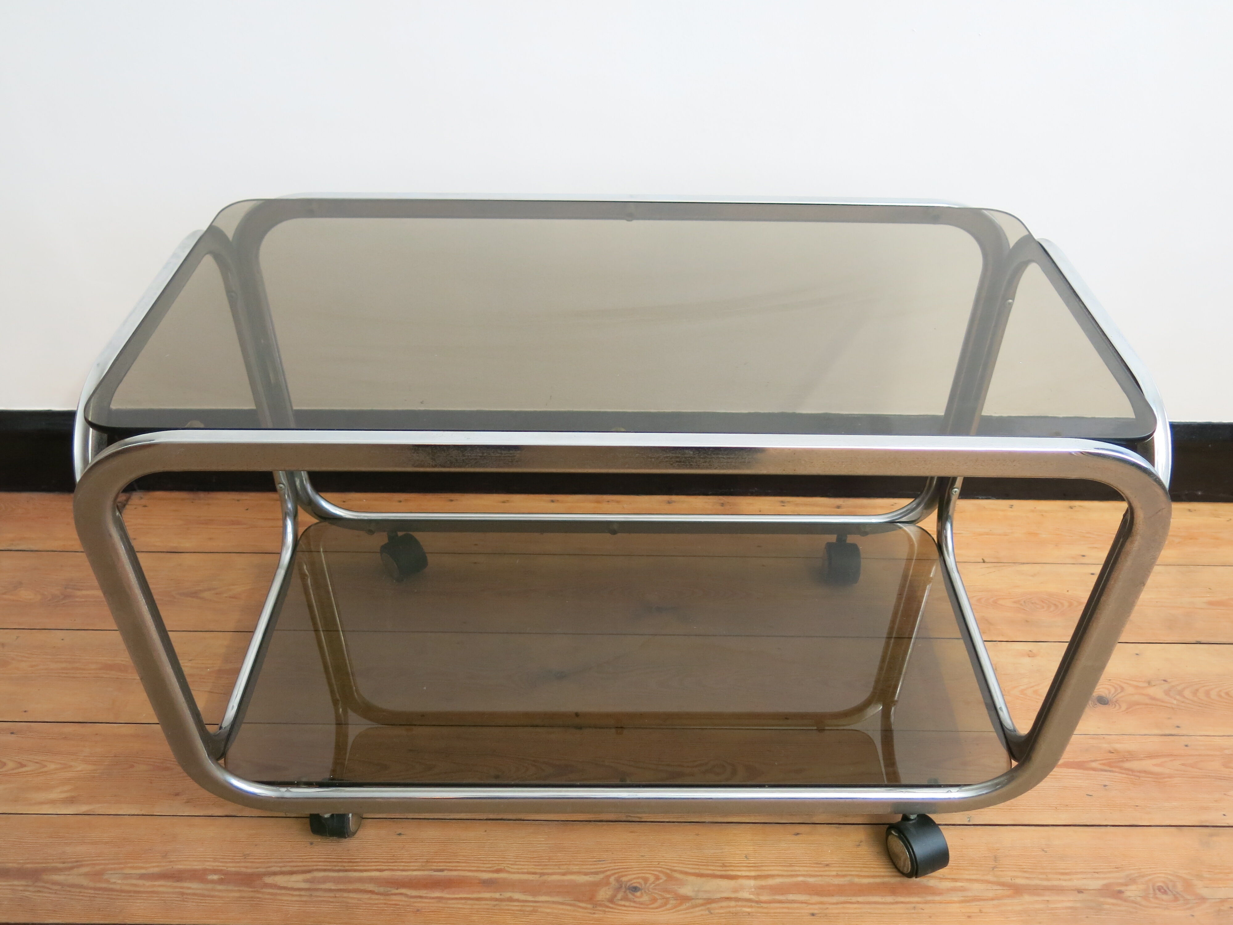Space Age coffee table in smoked glass and chrome steel, 1970s