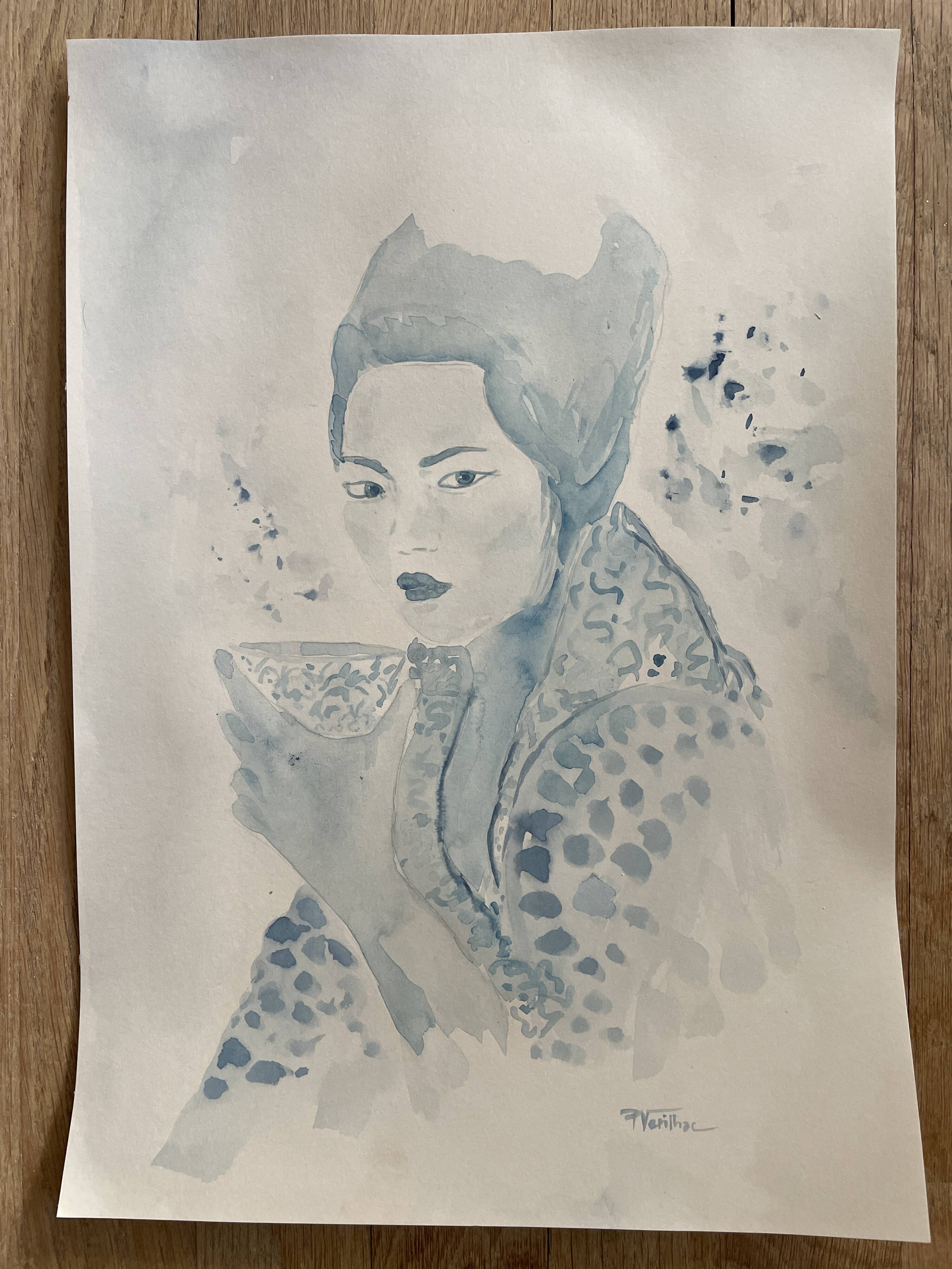 Signed blue watercolor painting “Geisha Tea Time” Japan