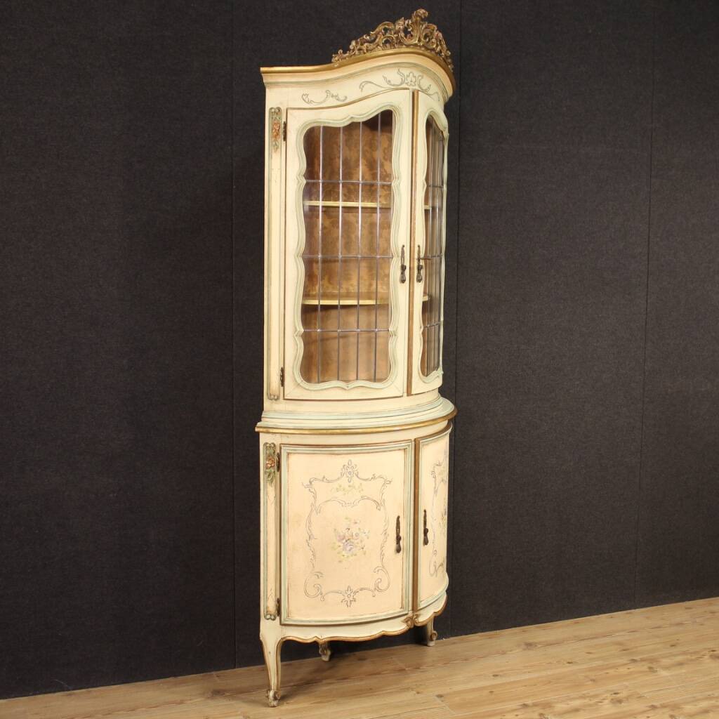 Lacquered, gilded and painted Venetian corner cabinet