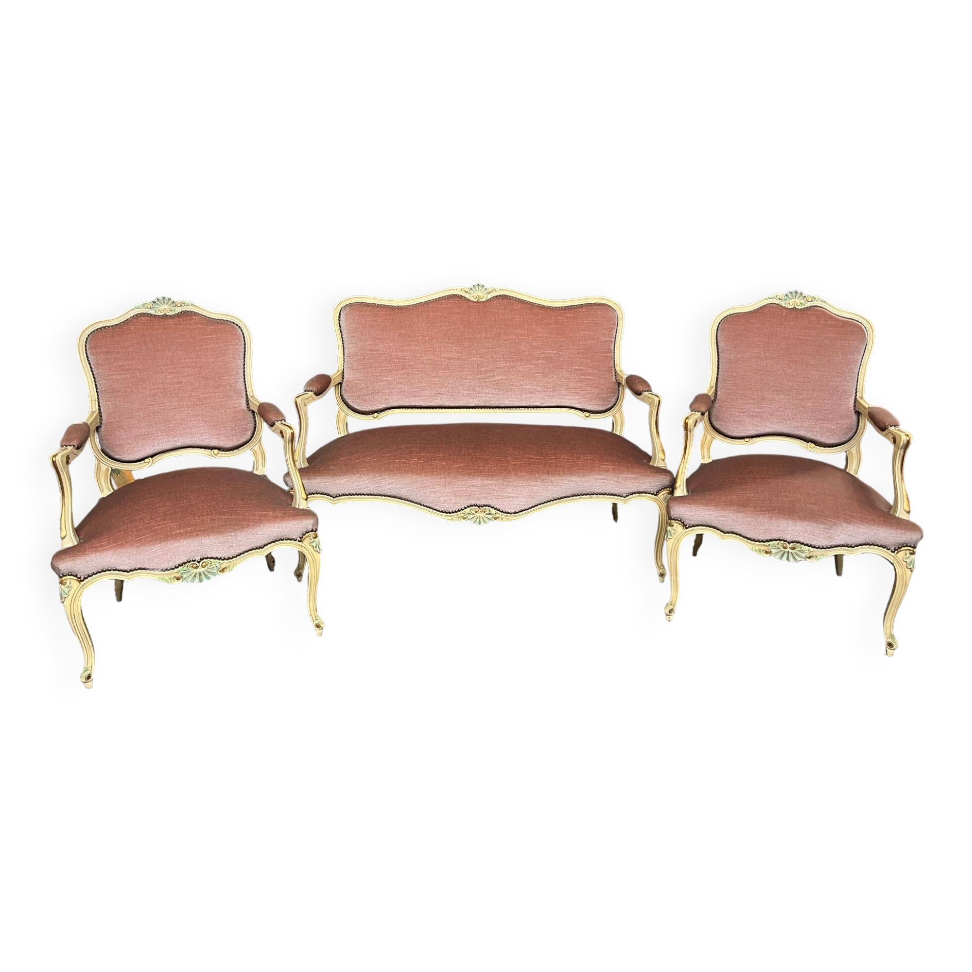 Louis XV style seat and bench set in pink fabric