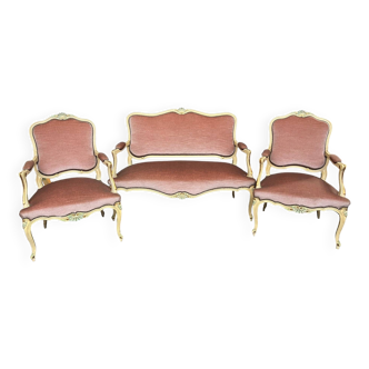Louis XV style seat and bench set in pink fabric