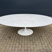 Original Knoll Tulip oval dining table (244cm) in Carrara marble.